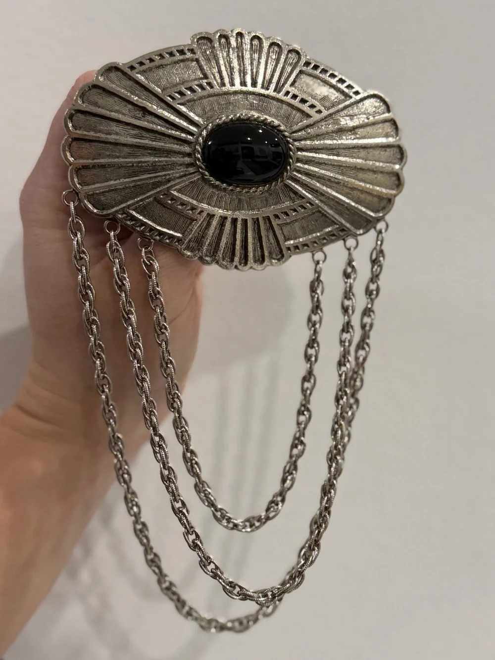 Vintage Silver Brooch with Black Stone and Drape Chains